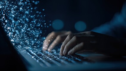 Data streams flow from laptop keyboard as hands type in dim light