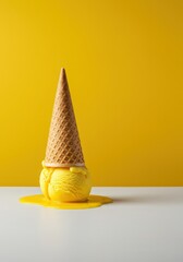 Melted Yellow Ice Cream Scoops in a Waffle Cone