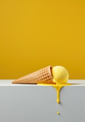 Two Scoops of Yellow Ice Cream Melting from a Crisp Cone