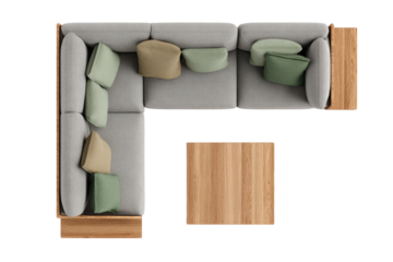 Top-down view of a light gray corner sofa with matching light wood coffee table, featuring various colored throw pillows