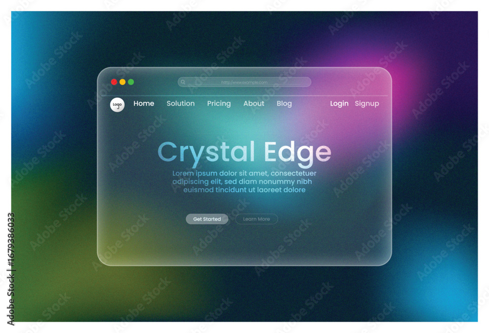 Poster web design, crystal edge, landing page blue pink purple gradient glowing glass morphism template mod