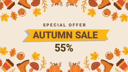 Autumn sale banner with fall leaves pumpkin and seasonal icons