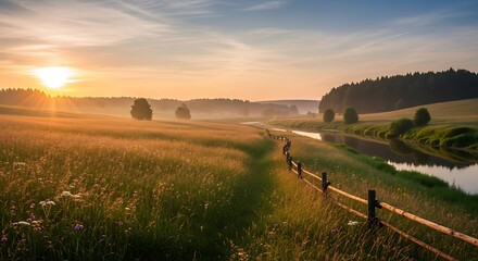Sunrise over a Peaceful Countryside Canal.