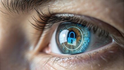 Close-up of an eye reflecting a digital lock symbol.