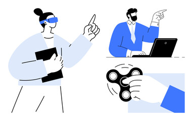 Woman using virtual reality headset, man working on laptop, hand spinning fidget spinner. Ideal for teamwork, innovation, digital transformation, focus, productivity, decision-making creative