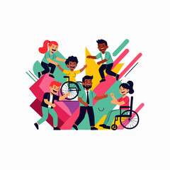 Fototapeta premium This colorful illustration beautifully captures a joyful and diverse group of people, embracing inclusion and celebrating unity within their supportive community.