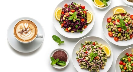 Healthy Salads and Coffee on White Background.