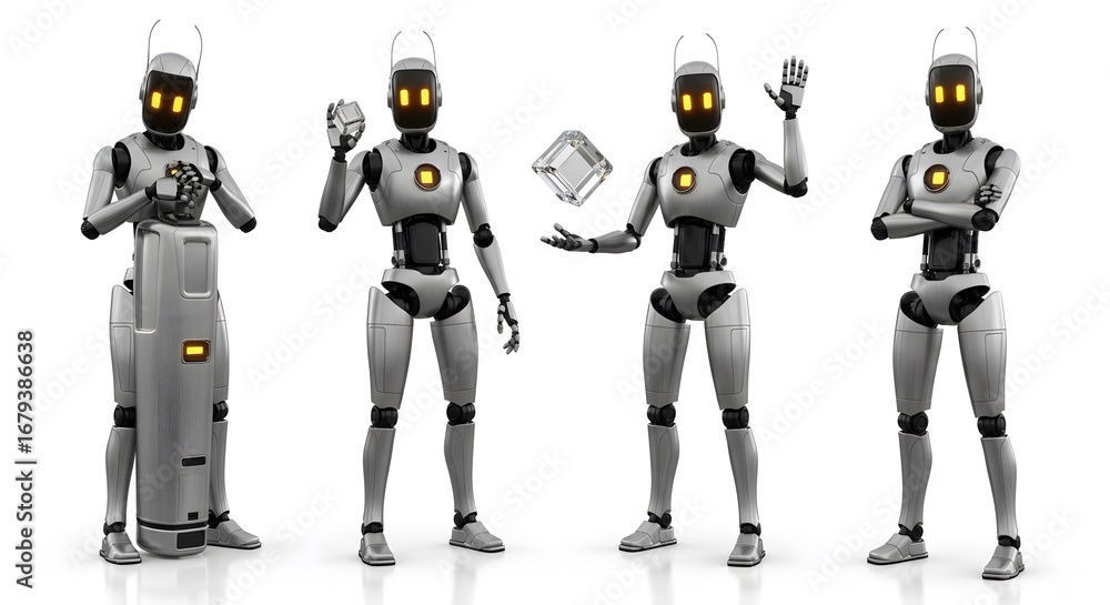 Aufkleber four modern metallic humanoid robots displaying various actions artificial intelligence technology f