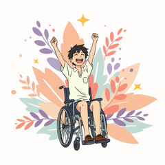 A joyful young person in a wheelchair celebrates personal achievement and freedom, surrounded by vibrant, abstract botanical elements symbolizing growth and happiness.