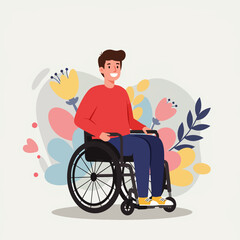 A cheerful young man with a disability confidently navigates his wheelchair amidst a vibrant, abstract floral background, symbolizing inclusion and modern accessibility.