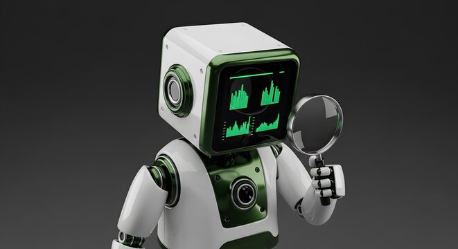 Modern AI robot analyzing financial data charts holding magnifying glass Artificial Intelligence Analytics Research Technology Business Search
