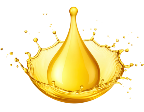 A thick gold color oil drop with splashes isolated on a transparent background.