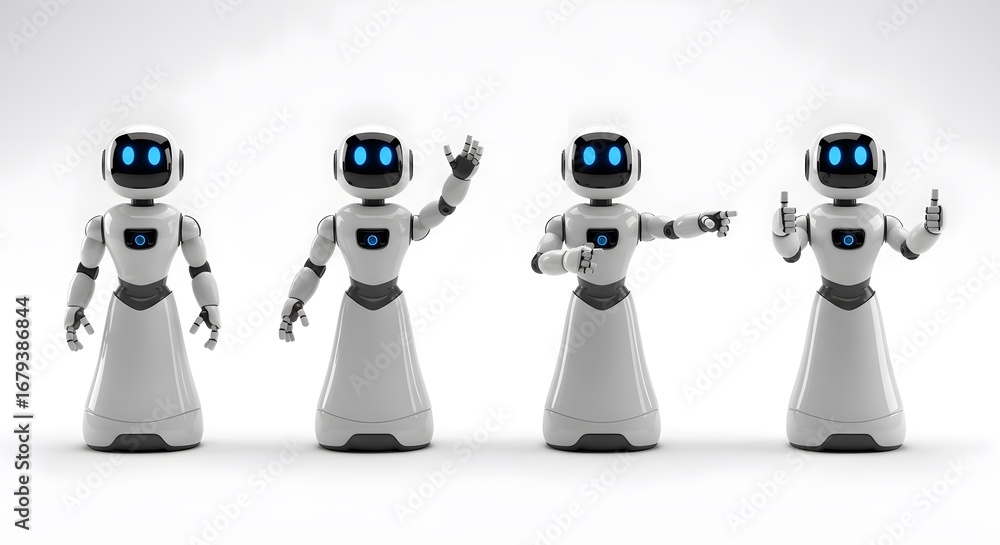 Aufkleber four modern white robots displaying varied interactive friendly gestures ai technology future innova