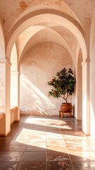 Fototapeta premium A sun-drenched interior courtyard with arched passageways, showcasing a terracotta planter with a small tree and soft, warm light filtering through.