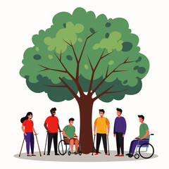 A diverse group of individuals with varying physical disabilities stands together under a large, leafy tree, symbolizing community support and inclusion.