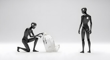 Futuristic AI robots observe mysterious glowing crystal on white background technology science discovery innovation digital interaction communication grey
