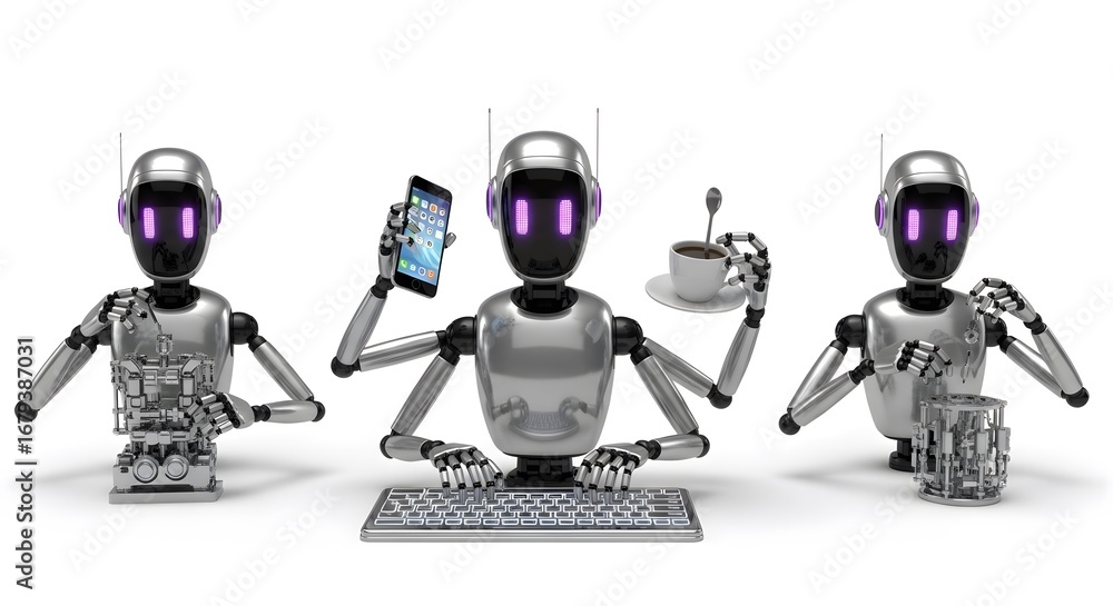 Aufkleber three modern silver robots multitasking with technology and coffee ai future automation development 