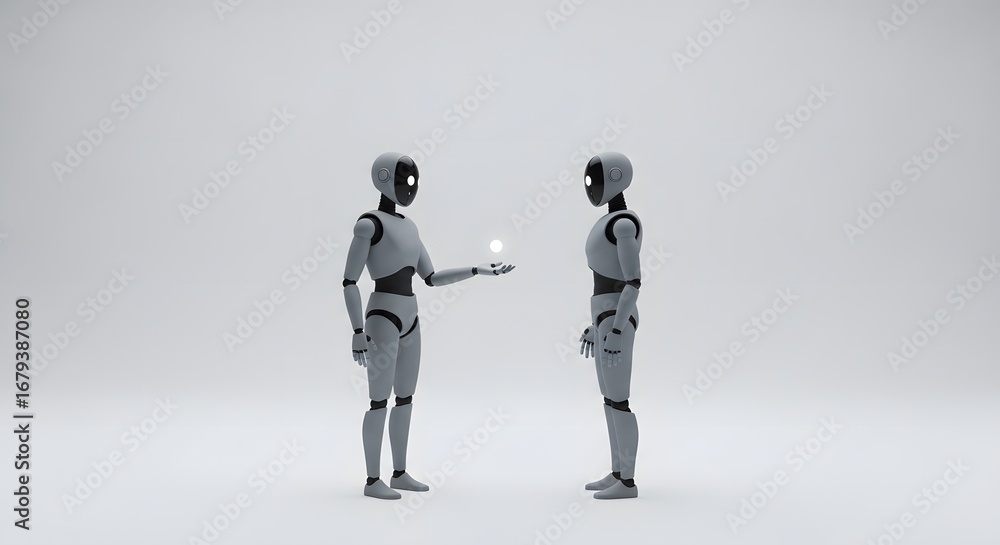 Poster humanoid robots passing glowing energy sphere symbolizing future ai interaction ai communication fut