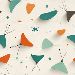 A vibrant and playful pattern showcases various abstract shapes in teal, orange, and gray, interspersed with stars. The design creates a lively and modern atmosphere suitable for various contexts