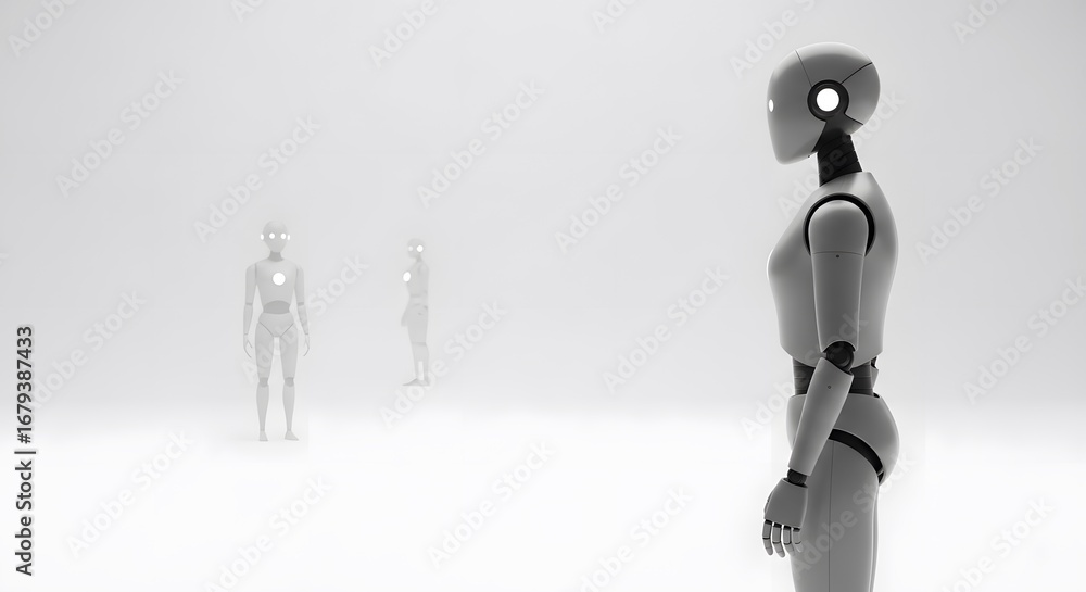 Fototapete modern humanoid robots in a bright foggy isolated futuristic scene ai technology future science mini