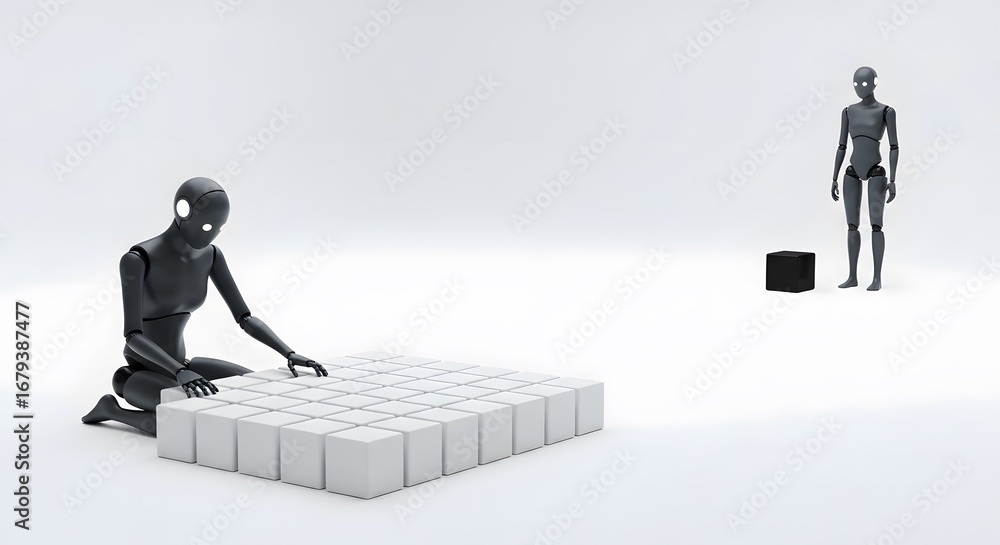 Aufkleber artificial intelligence figures arranging white blocks on sterile white background ai robot building