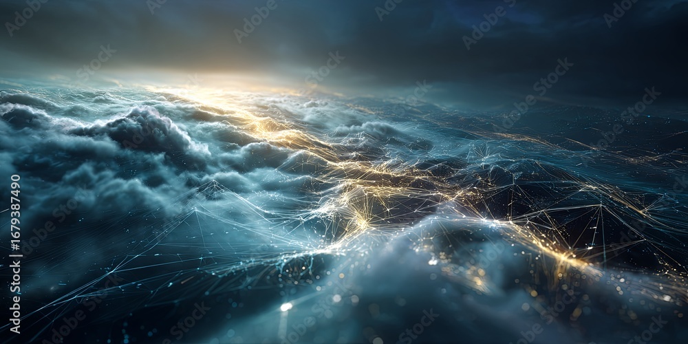 Poster abstract landscape with clouds and glowing connections creating a futuristic digital atmosphere at n