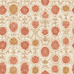 Floral fabric pattern displays a variety of circular motifs in shades of red, orange, and beige. The design showcases intricate flowers amid delicate vines, ideal for upholstery or fashion projects