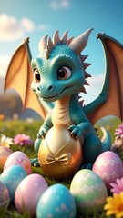Cute dragon with Easter eggs