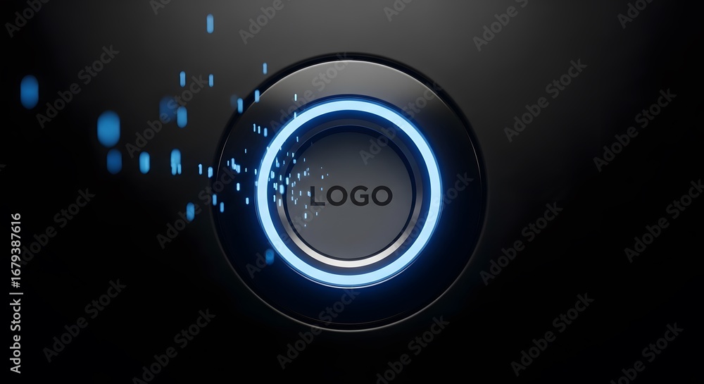 Fototapete futuristic digital button with glowing blue light particles technology innovation network data ui ux