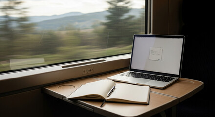 Laptop notebook and coffee cup on foldable table inside moving train