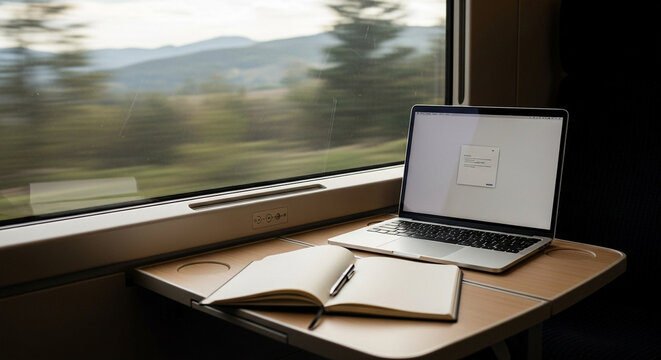 Laptop notebook and coffee cup on foldable table inside moving train