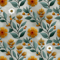 A vibrant floral pattern featuring various yellow and orange flowers intertwined with green leaves on a light gray background. Decorative elements add movement and depth to the design