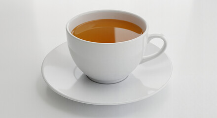 A Simple Yet Elegant White Porcelain Cup and Saucer Filled With A Warm Amber Colored Beverage On A Clean White Background Presenting A Minimalist Aesthetic For Product Showcase