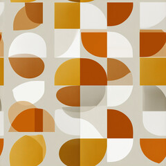 A vibrant composition features an array of abstract geometric shapes in warm tones, including oranges, whites, and grays
