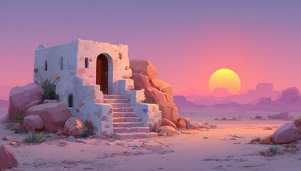 Desert oasis hut at sunrise