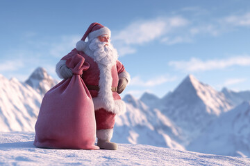 Festive figure stands on a snowy peak with a gift bag, mountains and sky behind him. Ready to deliver holiday cheer to all.