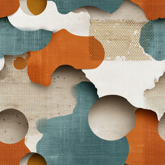This vibrant abstract design features a combination of earthy tones and soft colors, with rounded shapes and textured patterns creating a striking visual effect. Ideal for contemporary decor