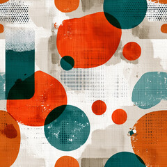 Bold shapes in orange, teal, and beige create a vibrant abstract design. The dynamic arrangement offers a modern aesthetic suitable for various artistic displays or decor projects