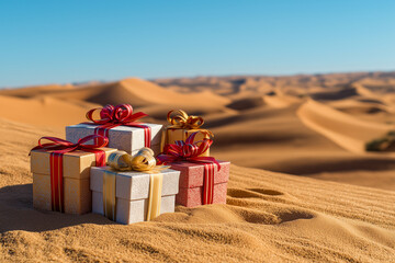 Gifts in the desert under a clear blue sky. Several presents, varying in gold, silver, and red shades, stand in sandy dunes.