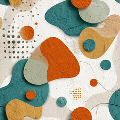 Bright and colorful abstract shapes in various forms and sizes are scattered across a textured surface