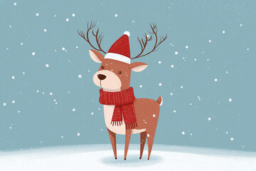 Festive Reindeer: A charming cartoon reindeer in a snowy scene, wearing a hat and scarf, perfect for holiday cheer.