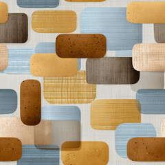 A vibrant geometric arrangement features various colored shapes in hues of beige, brown, and blue. The design blends textured finishes, ideal for contemporary decor and artistic projects