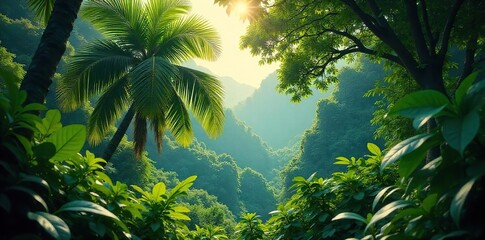 Fototapeta premium Lush green rainforest palm tree, vibrant foliage, sunlight dappling through leaves, jungle scene, tropical paradise Perfect for travel, nature, and environmental themes , vegetation, green