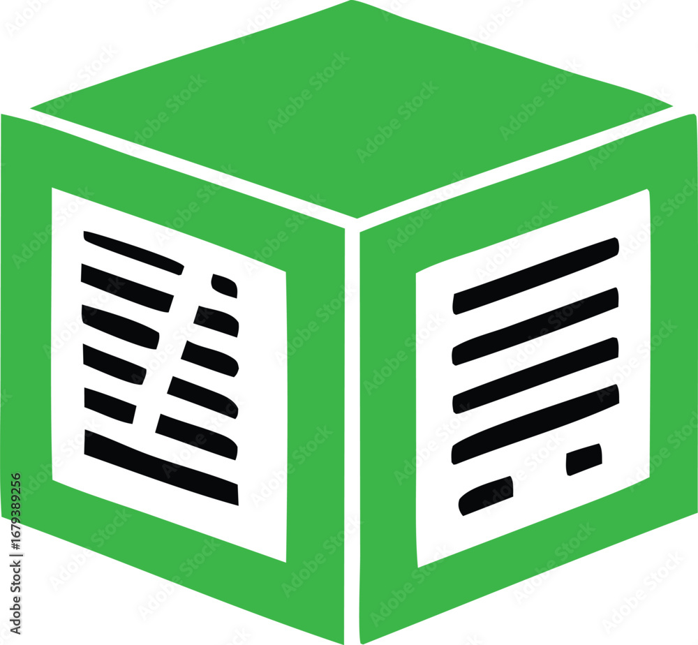 Poster green cube with text panels digital art representing data storage and information management technol