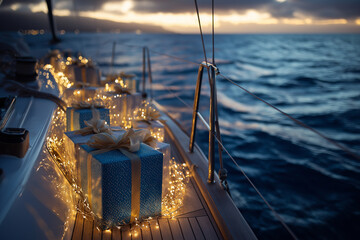 Gifts on a yacht sparkle in the twilight, evoking festive sea travel and holiday celebrations.