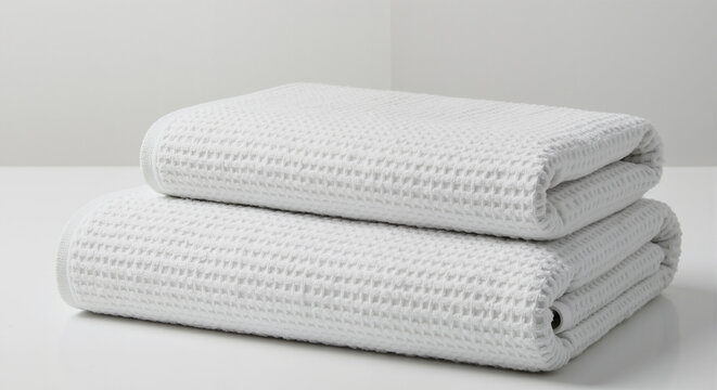 Two White Waffle Knit Bath Towels Folded Neatly on a White Surface with a Light Gray Background for E-Commerce Mockup Use