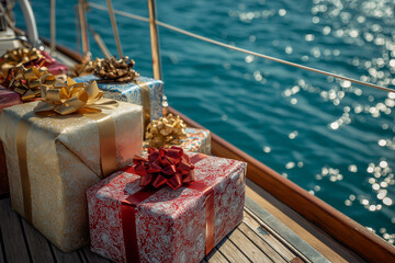 Celebratory gifts adorn the deck of a yacht, contrasting with the deep blue ocean and bright sunlight, creating a festive seascape.