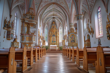 Interior of a church with intricate architectural details and rows of wooden pews leading to the altar and stained glass windows.