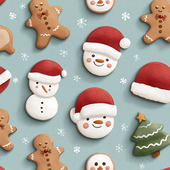 Festive cookies pattern: gingerbread men, snowmen with Santa hats, Christmas tree. Sweet holiday treats scattered on a blue background.