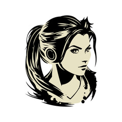 Striking stylized portrait of a determined woman with a high ponytail and striking eyes, exuding confidence and modern elegance.